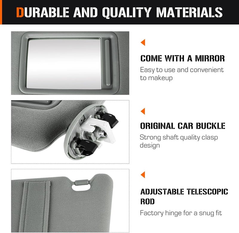 AEagle Left & Right Sun Visor with Light for Toyota Camry 2007-2011 with Sunroof, Driver & Passenger Side Gray Sunvisor Replace 74320-06800-B0 74310-06800-B0 - Image 2